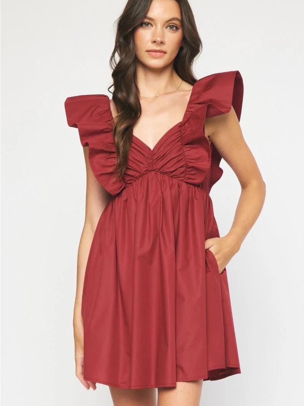 entro Wine-Red Ruffle Strap V-Neck Mini Dress
